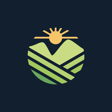 Flat design vector logo farmfield with sunrise on the dark background