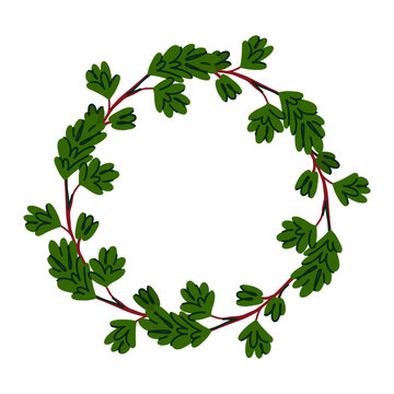 Round Christmas wreath with pine branches, hand-drawn botanical frame for holiday invitations, greeting cards and seasonal decor.