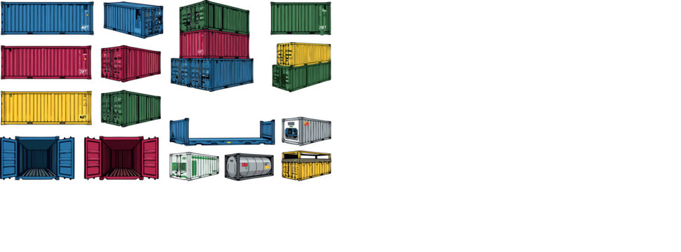 Shipping Container Vector Icon Set with Intermodal Freight Cargo Boxes Stacked and Open Units for Global Logistics Supply Chain and Maritime Trade Designs