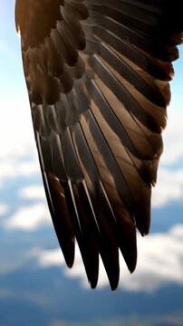 Close-up of a bird's wing against a bright sky