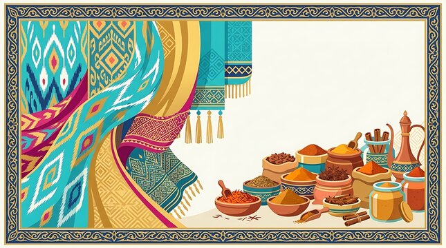 Colorful silk road market with assorted spices and ornate textiles
