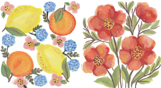 Fruits and flowers, lemon orange flowers hand drawn watercolor pattern