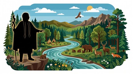 Fototapeta premium Flat illustration of an indigenous spirit silhouette overlooking a wild mountain landscape with river, forest, wildlife, and traditional village.