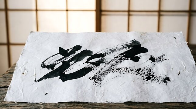 Abstract black ink calligraphy on white textured handmade paper