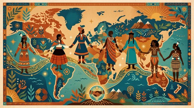 Global unity illustration with diverse indigenous people holding hands over a stylized world map in folk art style.