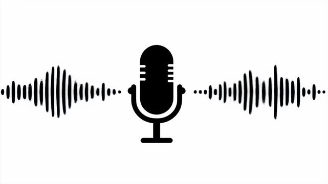 Minimalist microphone icon with thin digital audio waveform signal.