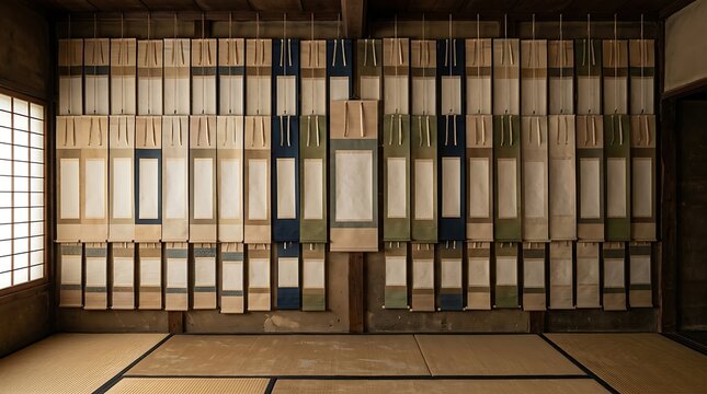 Traditional japanese hanging scrolls displayed in a tatami room