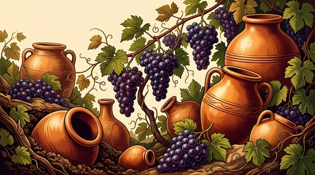 Rustic terracotta jars and purple grape clusters on a vine