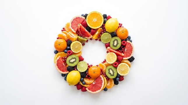 Circular wreath made of diverse fresh fruits including kiwi citrus berries and pomegranate isolated on white background