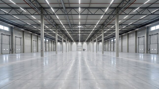 Large empty industrial warehouse building interior with steel pillars and bright overhead lighting for storage space
