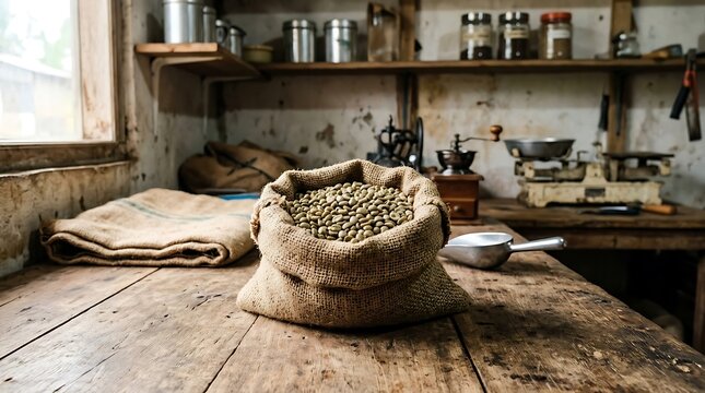 Raw green coffee beans in a burlap sack on a rustic wooden table