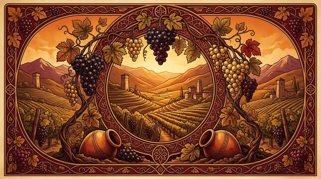 Vintage vineyard landscape with hills grapes and amphora jars
