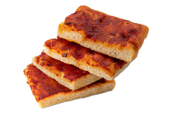
Four slices of traditional Italian red pizza stacked on a white background. Thick, soft and airy leavened dough topped with rich tomato sauce, capturing authentic Sicilian street food essence. 
