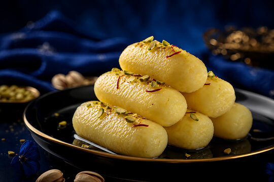 Cham cham sweets arranged on a black reflective plate, pistachios and saffron syrup, deep sapphire background