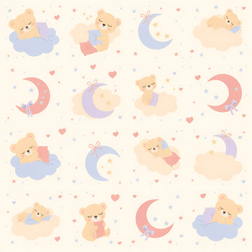 Cute baby seamless pattern with sleeping teddy bears on clouds, crescent moons, stars, and hearts