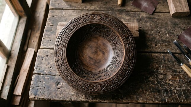 Handcrafted ornate wooden bowl on a rustic workshop table