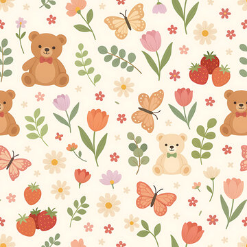 Cute spring seamless pattern with teddy bears, tulips, butterflies, strawberries, and flowers