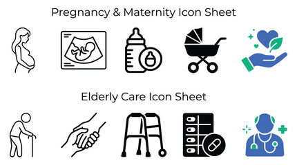 Fototapeta premium Pregnancy maternity and elderly care vector icon set featuring medical symbols for health services and patient support displayed in clean black and blue graphic line art.