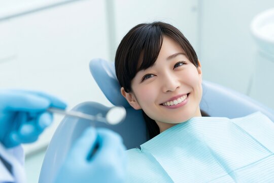 歯医者で笑顔の若い日本人女性が安心して歯科検診を受ける
