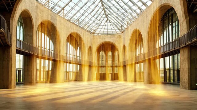 Sunlight streaming through glass roof inside architectural concrete hall architecture interior modern spacious atrium