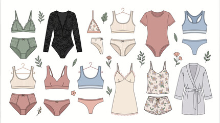 Naklejka premium Lingerie Intimates Fashion Collection Flat Vector Illustration Women EPS SVG White Background