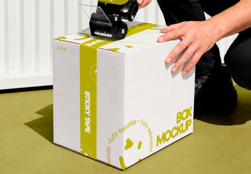 Delivery Worker with Cardboard Packaging Box and Sticky Tape Mockup