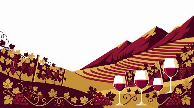 Grapes and wine glasses in a stylized terraced vineyard landscape