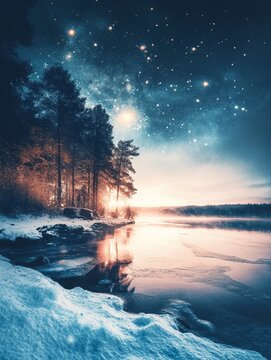 Breathtaking winter landscape with starry sky, snow-covered trees, and partially frozen lake reflecting the warm sunset light
