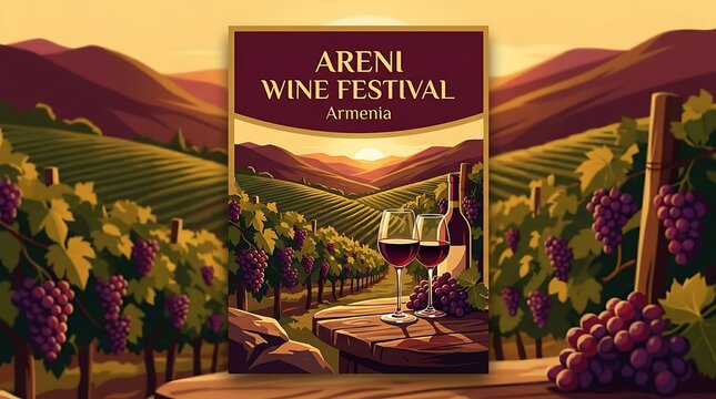 Scenic vineyard landscape with wine glasses and grapes at sunset