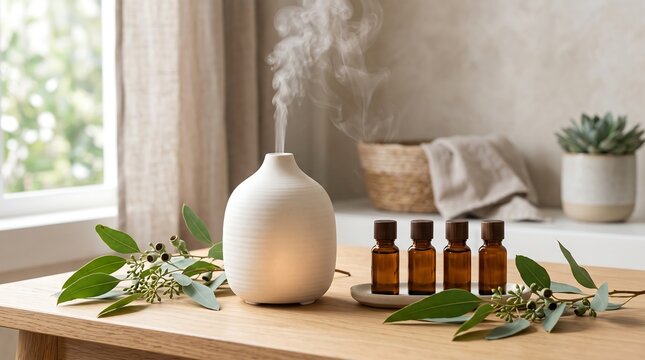 Modern white ceramic aromatherapy diffuser with steaming mist and amber essential oil bottles on wooden table in bright room