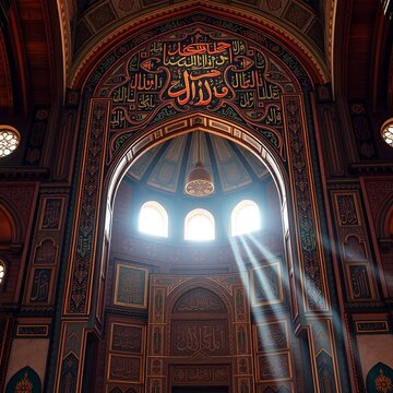 colorful carved wooden mihrab inside grand mosque reflecting