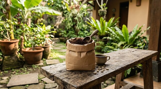 Freshly ground coffee in a paper bag on a rustic garden bench