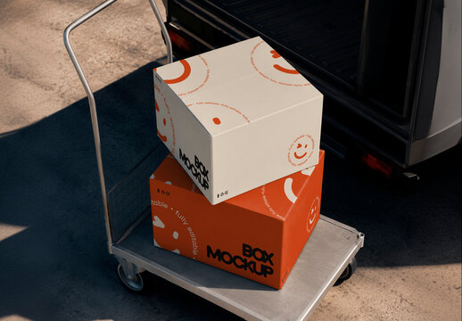 Cargo Trolley with Shipping Packaging Boxes Mockup