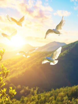 White doves soaring through a golden sky at sunset, with silhouetted mountains and lush foliage in the background, symbolizing peace and freedom