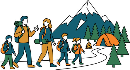 Fototapeta premium Family hiking in the mountains with backpacks and camping gear