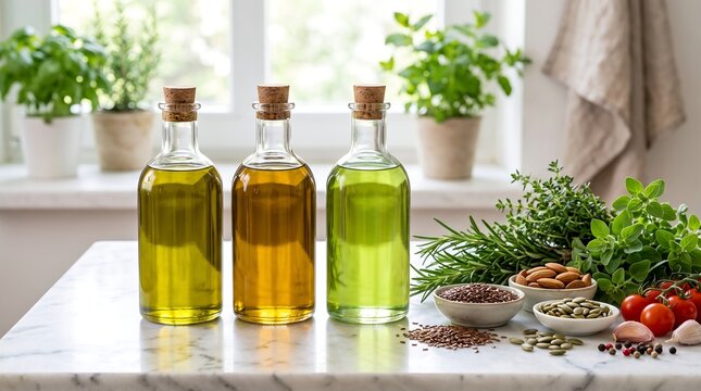 Three glass bottles with natural oils and organic seeds beside fresh herbs on marble kitchen counter for healthy cooking and nutrition concept