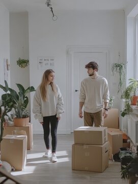 Young couple surrounded by moving boxes and potted plants in bright, minimalist room, depicting the start of a new chapter in their lives