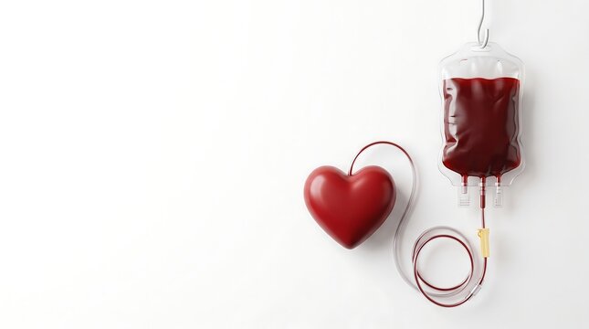 Red heart shape connected to blood donation bag on white background for medical health and charity and blood transfusion concept 3D render