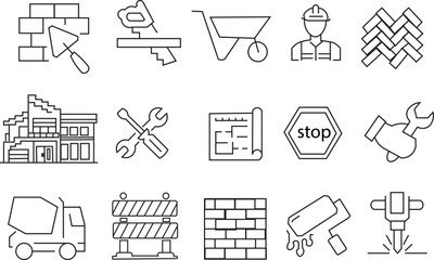 Fototapeta premium Construction and Building Tools Line Art Icon Set Vector Illustration for UI Design, Engineering, House Construction, and Repair Services. 