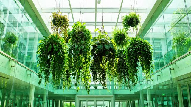 Hanging potted green plants inside modern glass atrium greenery foliage indoor nature botanical greenery foliage