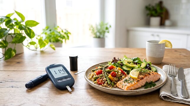 Glucose meter with blood sugar reading and healthy salmon meal on wooden table for diabetes management and nutrition and health concept