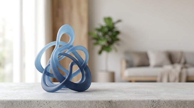 Elegant abstract blue glass knot sculpture on concrete surface for modern interior design and minimalist art and home decor aesthetic concept