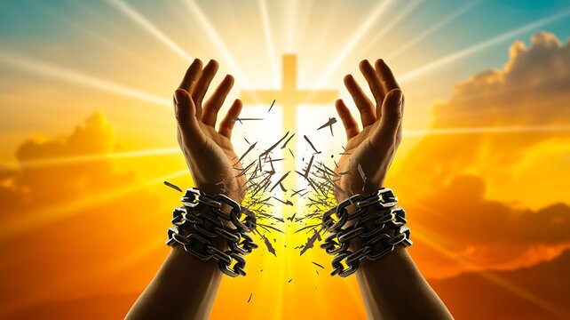 Hands breaking chains with glowing cross symbolizing freedom faith hope and spiritual salvation at sunrise