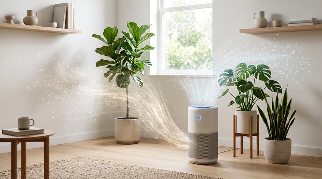 Modern air purifier in bright living room with houseplants and glowing clean air particles for home health and air quality improvement concept