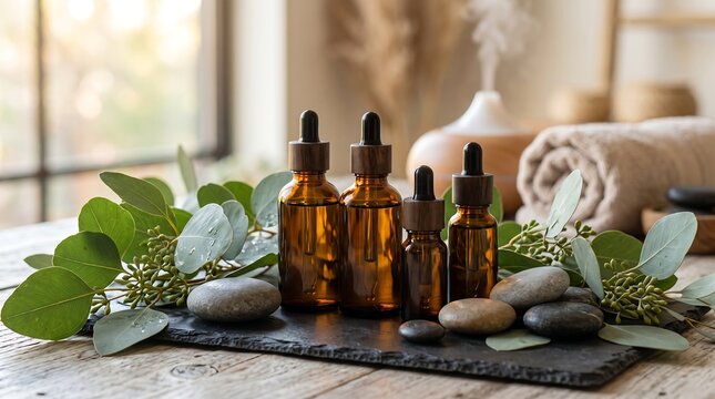 Amber glass dropper bottles with eucalyptus leaves and spa stones on dark slate tray for wellness and natural skincare product presentation