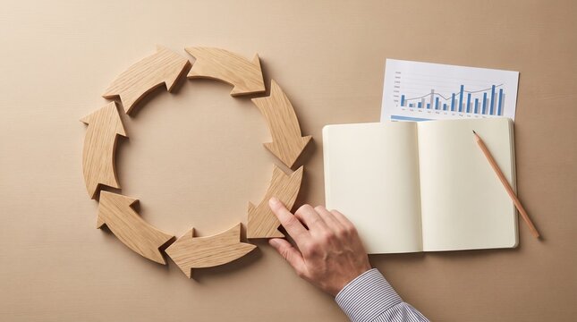 Top down view of person touching wooden arrow in circular workflow diagram next to notebook and chart.