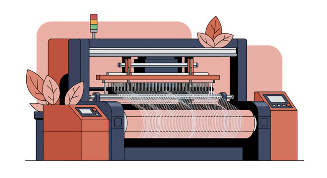 Automated textile weaving loom machine operating in a modern factory setting