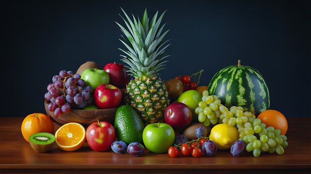 Fresh assortment of colorful tropical and seasonal fruits on dark background for healthy nutrition