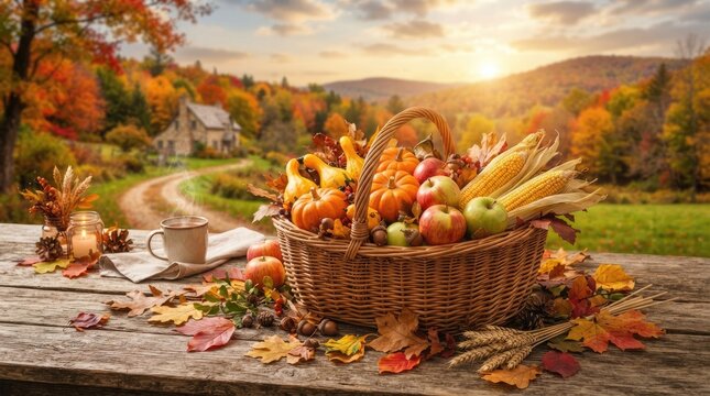Wicker basket filled with autumn harvest vegetables for a traditional thanksgiving celebration