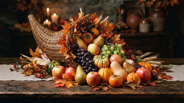 Traditional thanksgiving cornucopia centerpiece with autumn harvest fruits and vegetables on wooden table